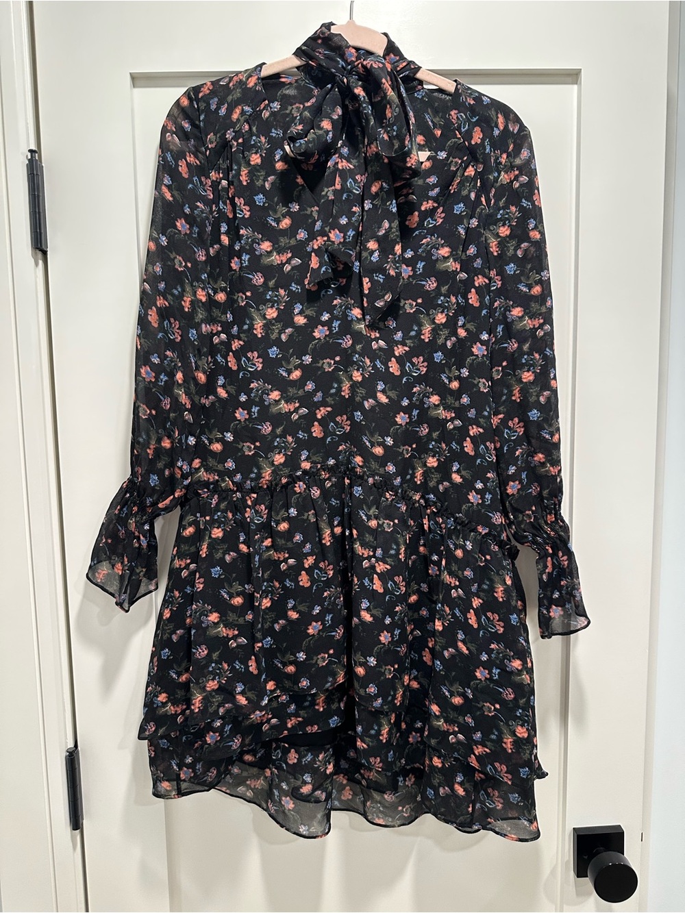 Joie Black Floral Tie-Neck Mini Dress